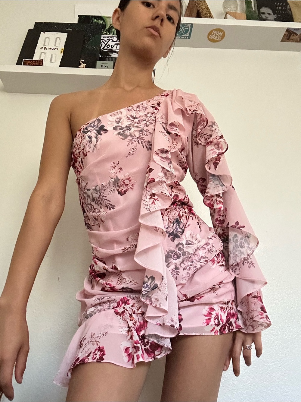 Lovers + Friends Pink Floral One-Shoulder Ruffle Mini Dress